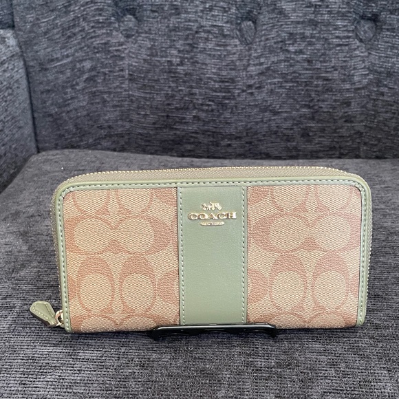 Coach Handbags - Coach Accordion Signature Canvas Sage Green & Beige Zip Wallet With Leather